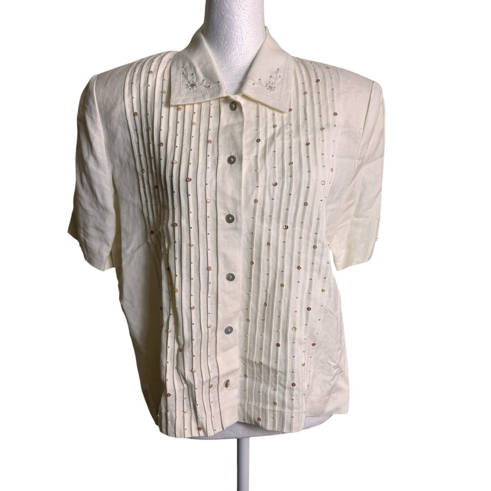 Vintage Positive Attitude Cream Linen Rayon Beaded Pleated Blouse Top Size 10
